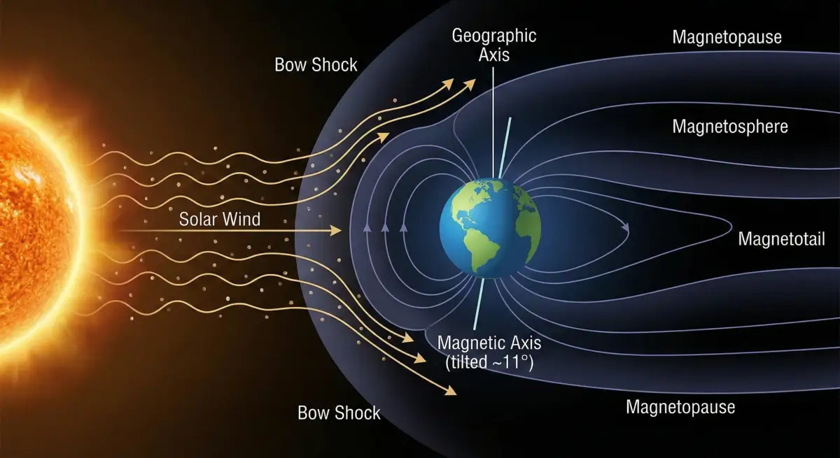 Earth's magnetosphere deflecting solar wind particles, showing magnetic field lines, bow shock, magnetopause, and magnetotail