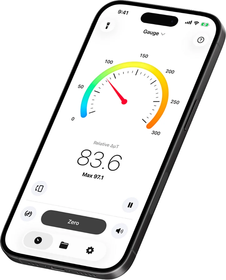 Magnetometer X app showing gauge mode on iPhone