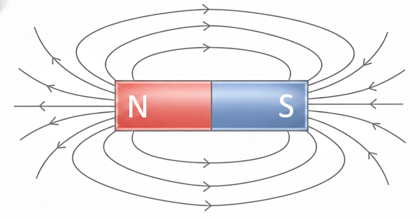 Magnetic field lines around a bar magnet showing lines flowing from the north (N) pole to the south (S) pole