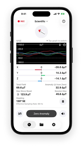 Magnetometer X scientific mode with 3D magnetic field vector visualization and data recording on iPhone