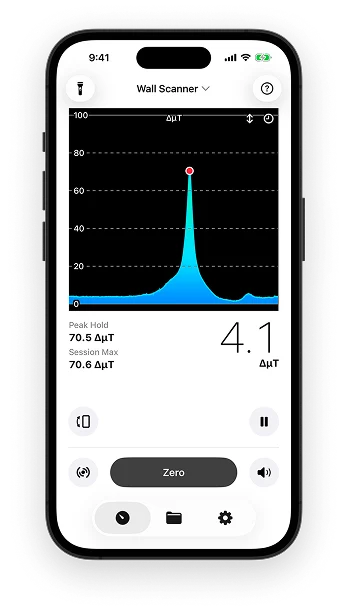 Magnetometer X wall scanner mode detecting metal and studs behind drywall on iPhone